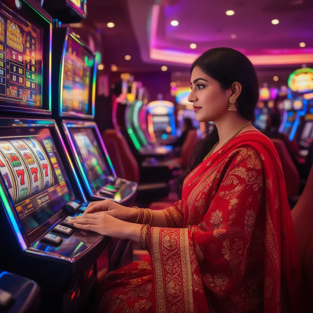 50BD – Enjoy immersive slot gameplay designed for players in Bangladesh Focused Bangladeshi woman enjoying colorful slot machines in a vibrant casino atmosphere at 50BD with glowing lights and immersive gameplay